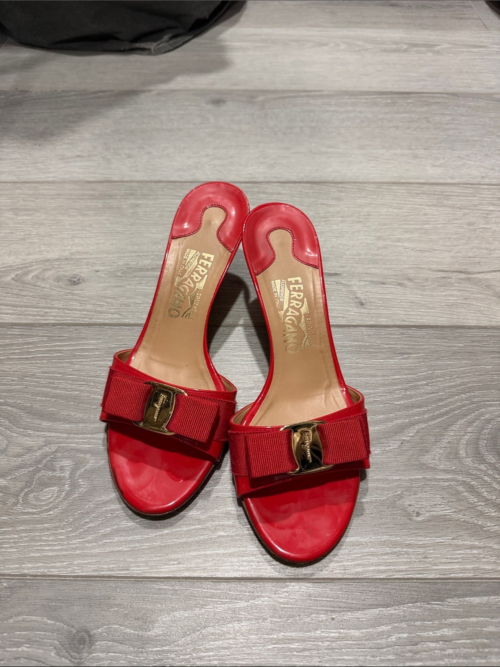 Salvatore Ferragamo Red Patent Vara Bow Slide Mules